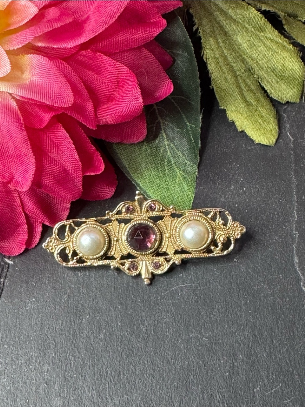 Vintage Gold-Tone Bar Brooch with Amethyst Gem and Pearl Accents